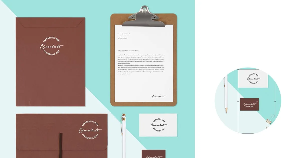 薄荷巧克力色品牌VI标识设计效果图像素设计精选模板 Mint Chocolate Identity Branding Mock Up