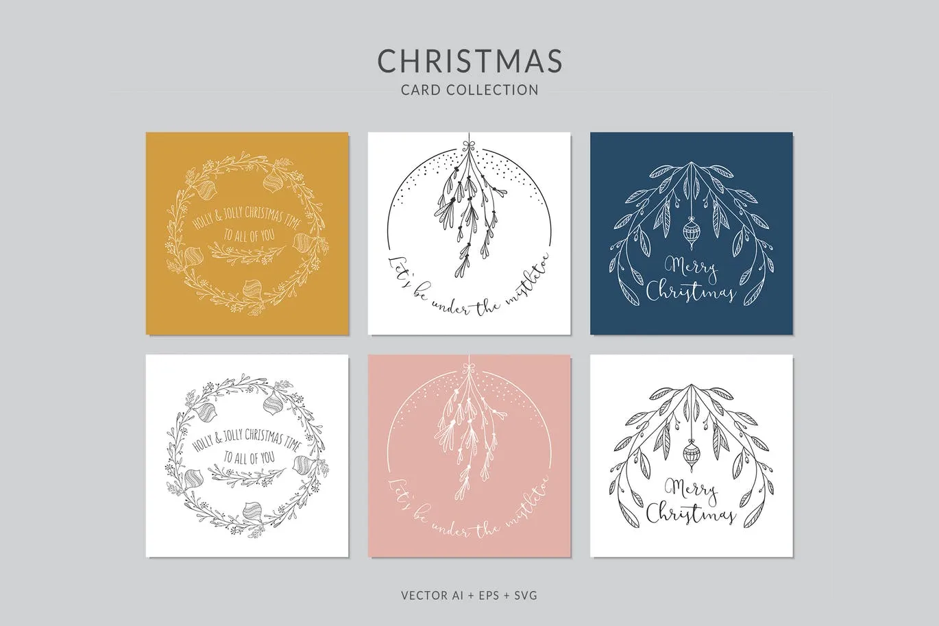 手绘圣诞装饰花环元素圣诞节贺卡设计模板v1 Christmas Greeting Card Vector Set插图