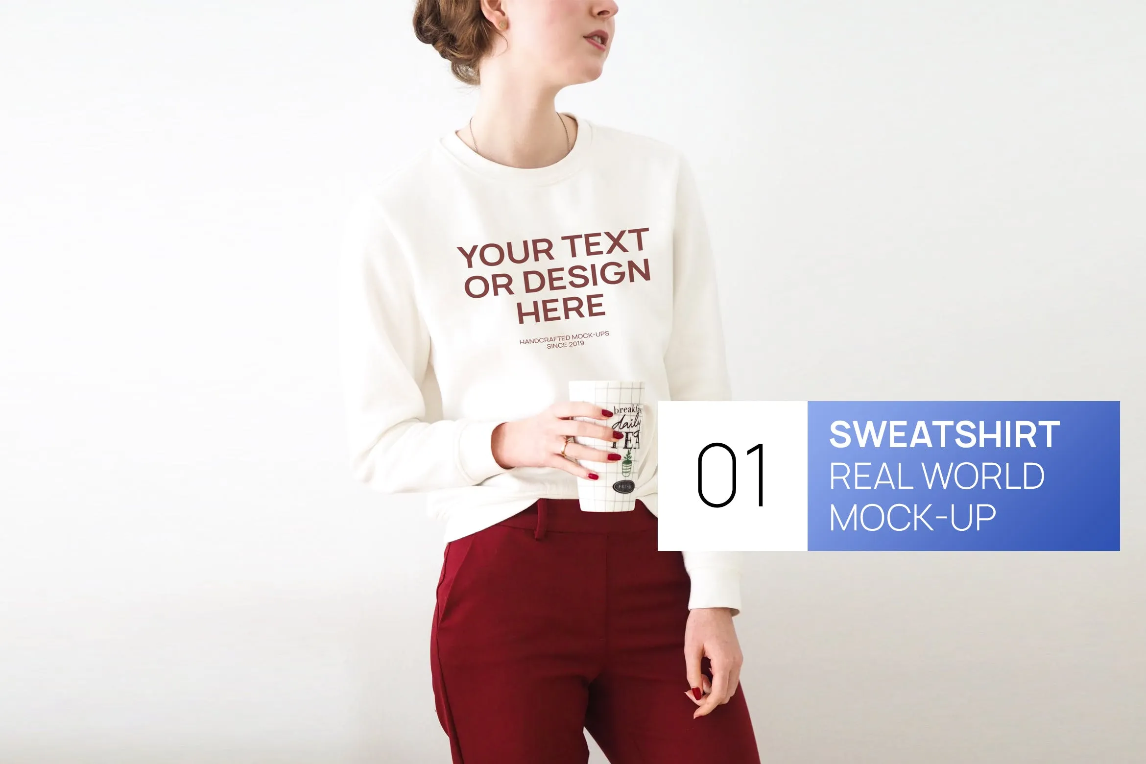 女式白色运动衫印花设计图样机像素设计精选模板 Woman White Sweatshirt Real World Photo Mock-up