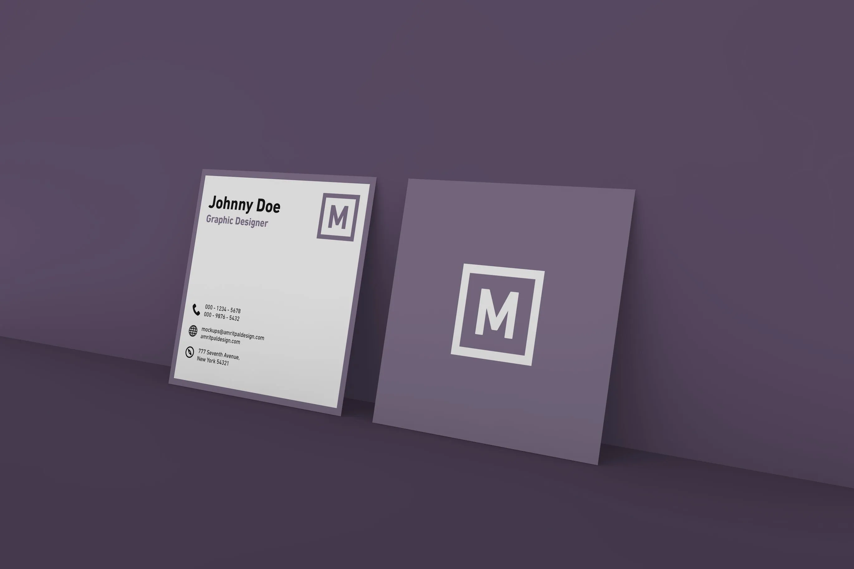 方形企业名片设计立面图样机模板 Square Business Card Wall Mockup插图