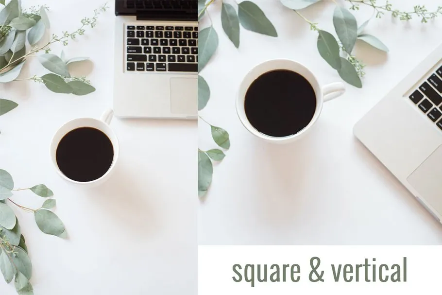 笔记本电脑，咖啡&桉叶场景样机 Coffee, Laptop  & Eucalyptus | Stock插图(1)