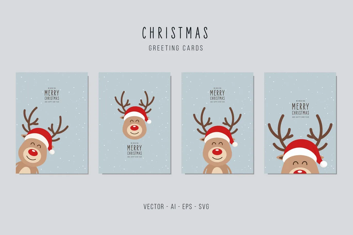 可爱卡通驯鹿图案圣诞节矢量贺卡设计模板v2 Christmas Reindeer Vector Card Set
