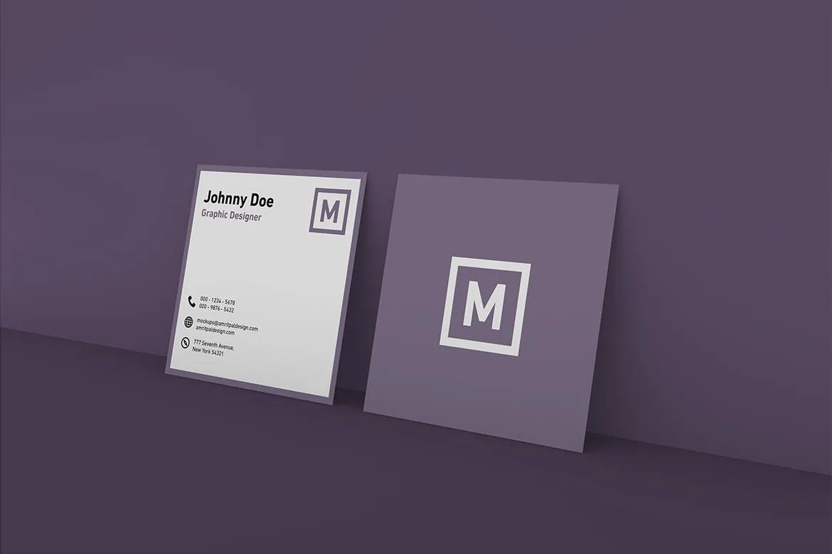 方形企业名片设计立面图样机模板 Square Business Card Wall Mockup插图(1)