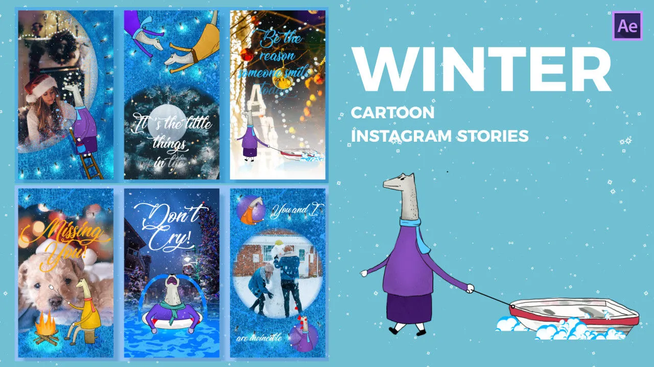 冬季卡通ins竖屏动画像素设计精选AE模板