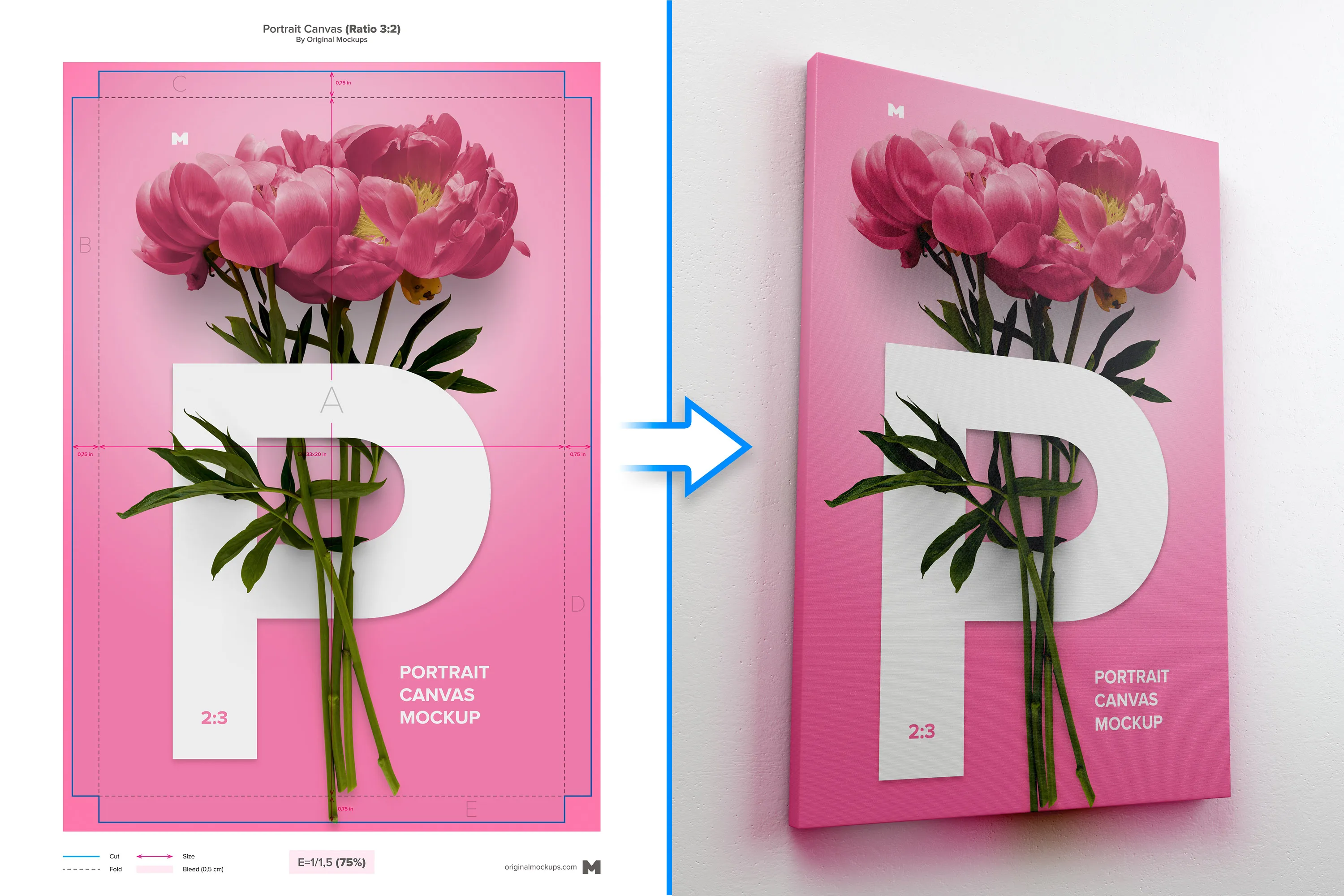 挂墙画布画框作品预览左视图样机素材 2:3 Portrait Canvas Mockup Hanging on Wall, Left View插图(2)