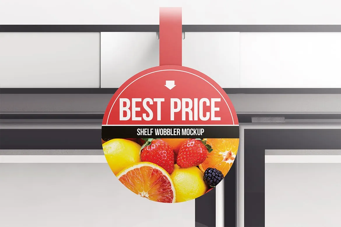 超市货架圆形品牌/促销广告牌样机素材库精选模板 Circle Shelf Wobbler Mockup插图(1)