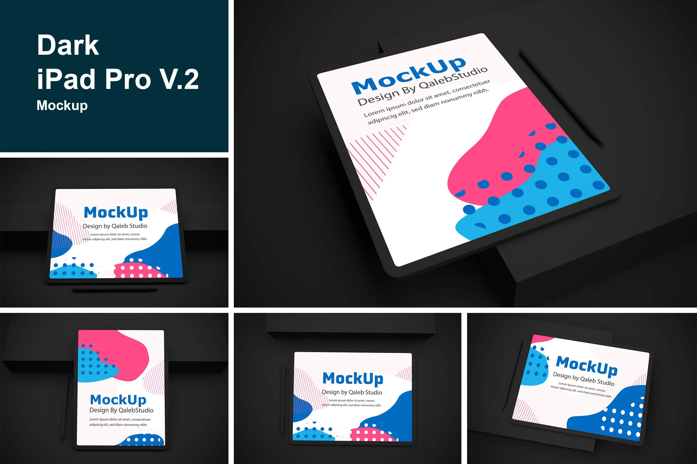 酷黑背景iPad平板电脑UI设计屏幕预览像素设计精选样机模板 Dark iPad Pro V.2 Mockup