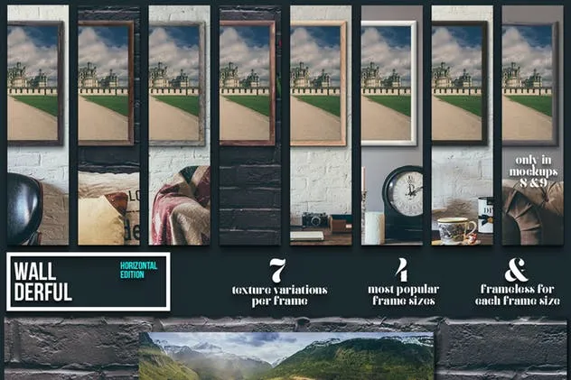 挂墙式画框广告牌样机模板 “Wallderful” – Horizontal Mockups插图(1)