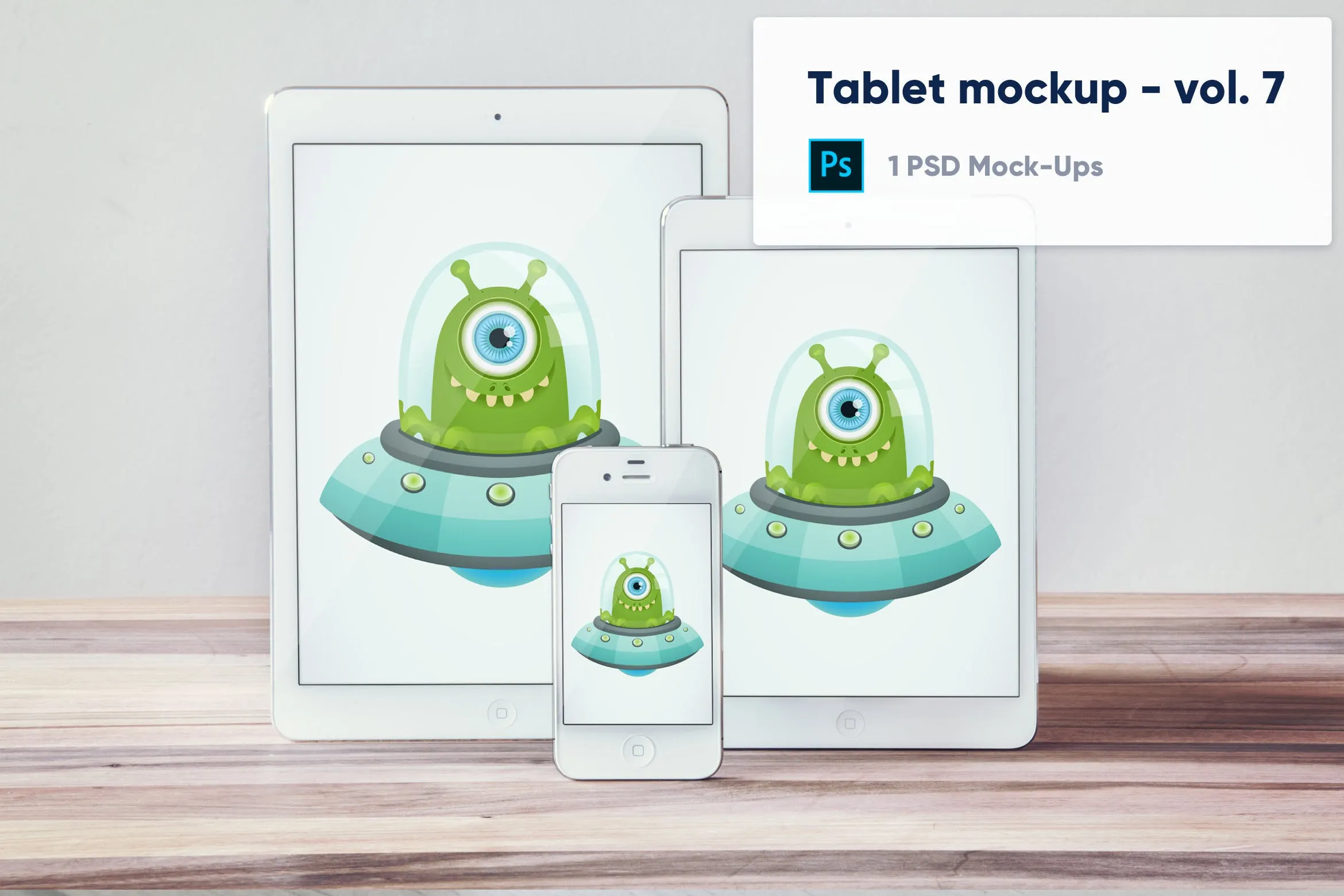 木桌上的iPhone&iPad屏幕展示素材库精选样机模板v7 Tablets and Phone on Wooden Desk Mockup – Vol. 7插图
