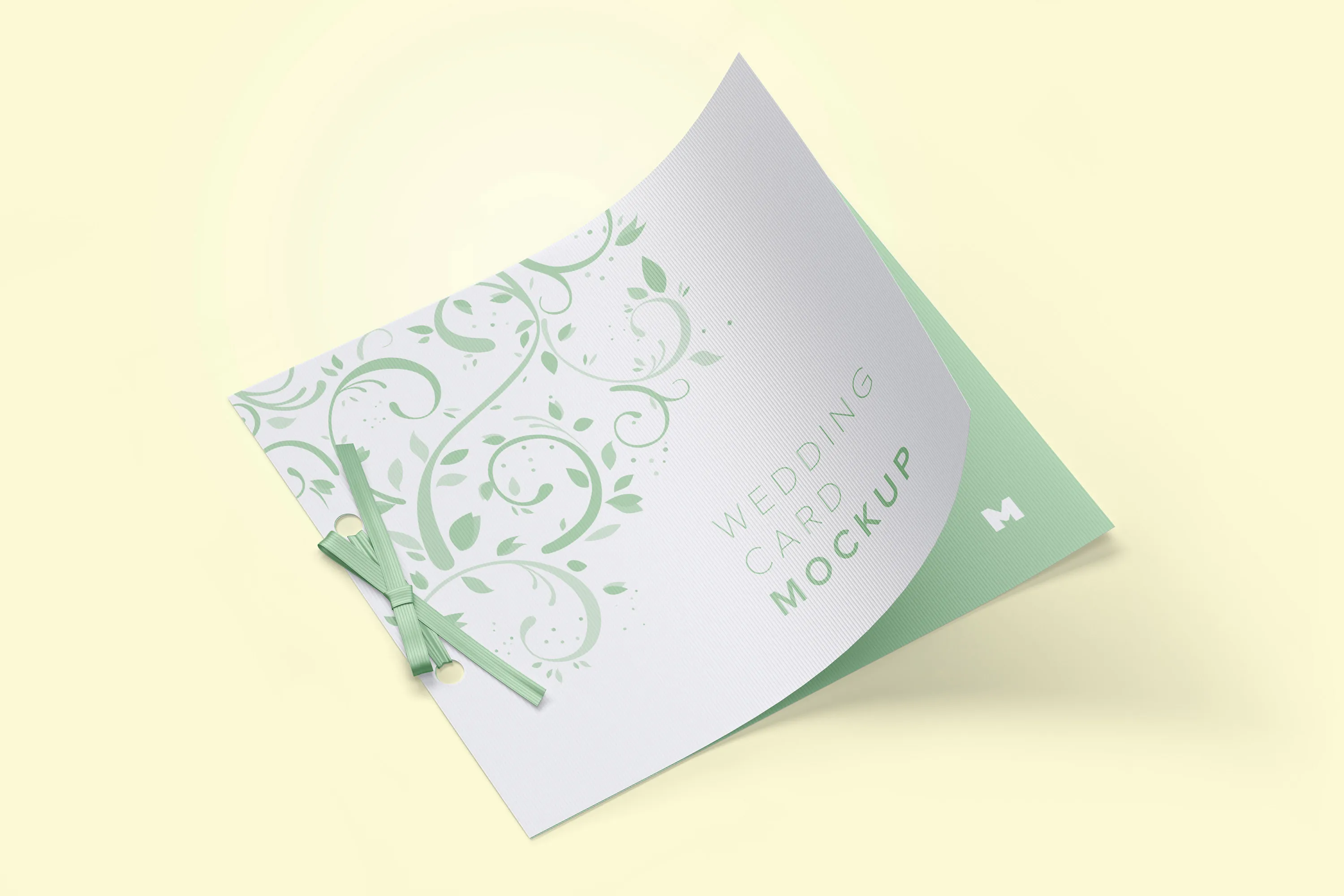 带丝带蝴蝶结婚礼邀请函设计效果图样机 Wedding Card Mockup with Ribbon Bow插图