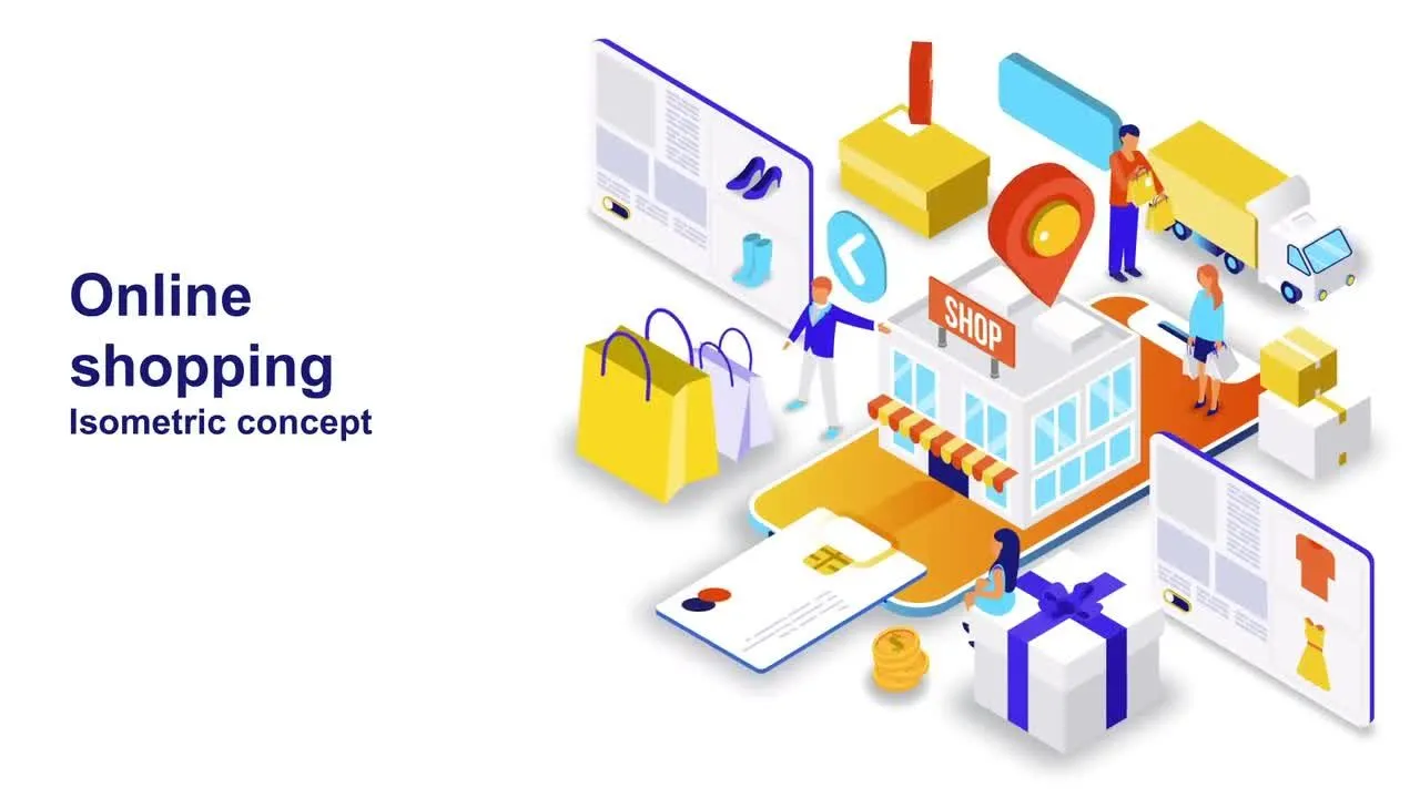 在线购物等距概念宣传动画像素设计精选AE模板
