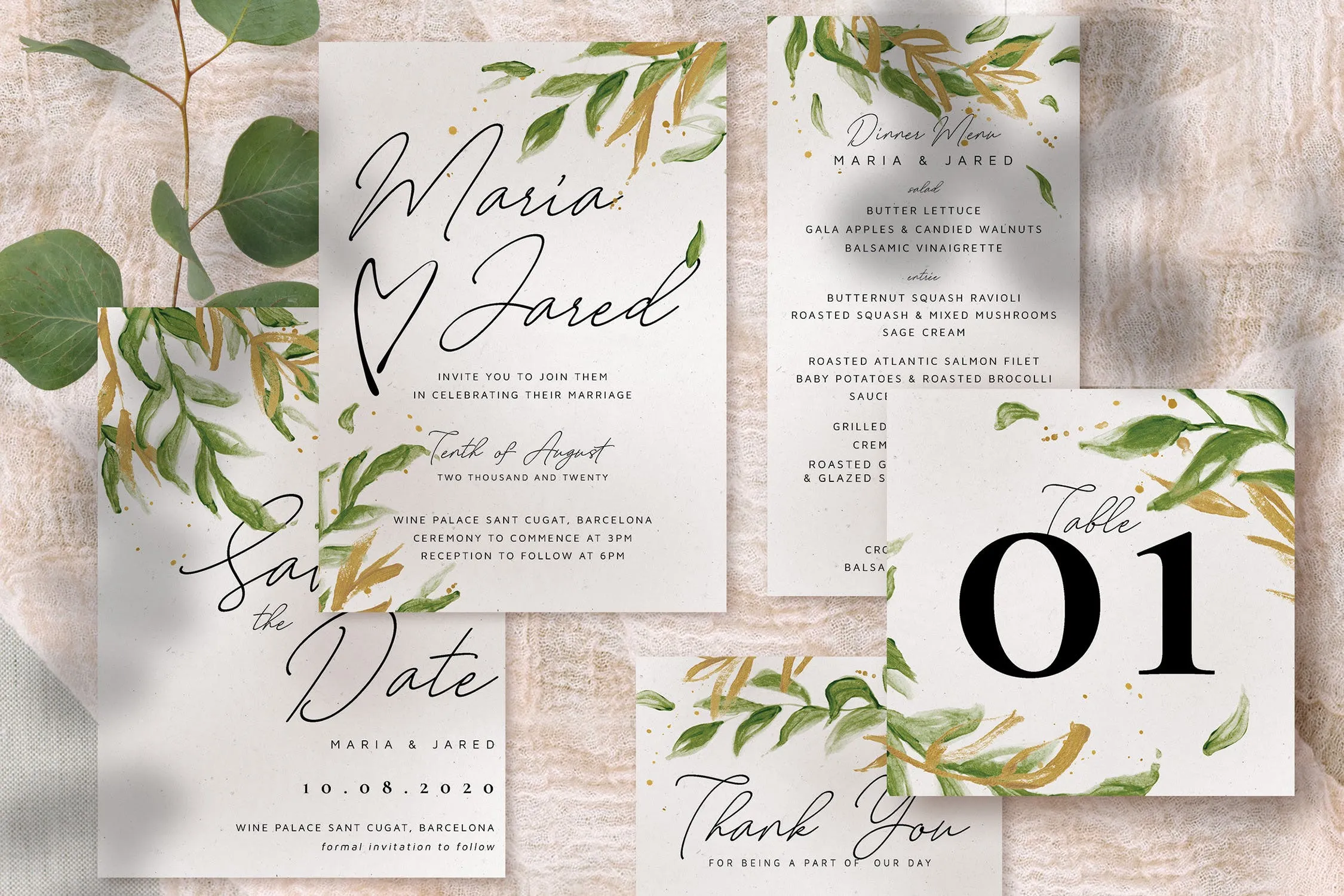 金绿色水彩手绘风格婚礼请柬邀请函设计模板 Gold Greenery Wedding Invitation Suite插图(2)