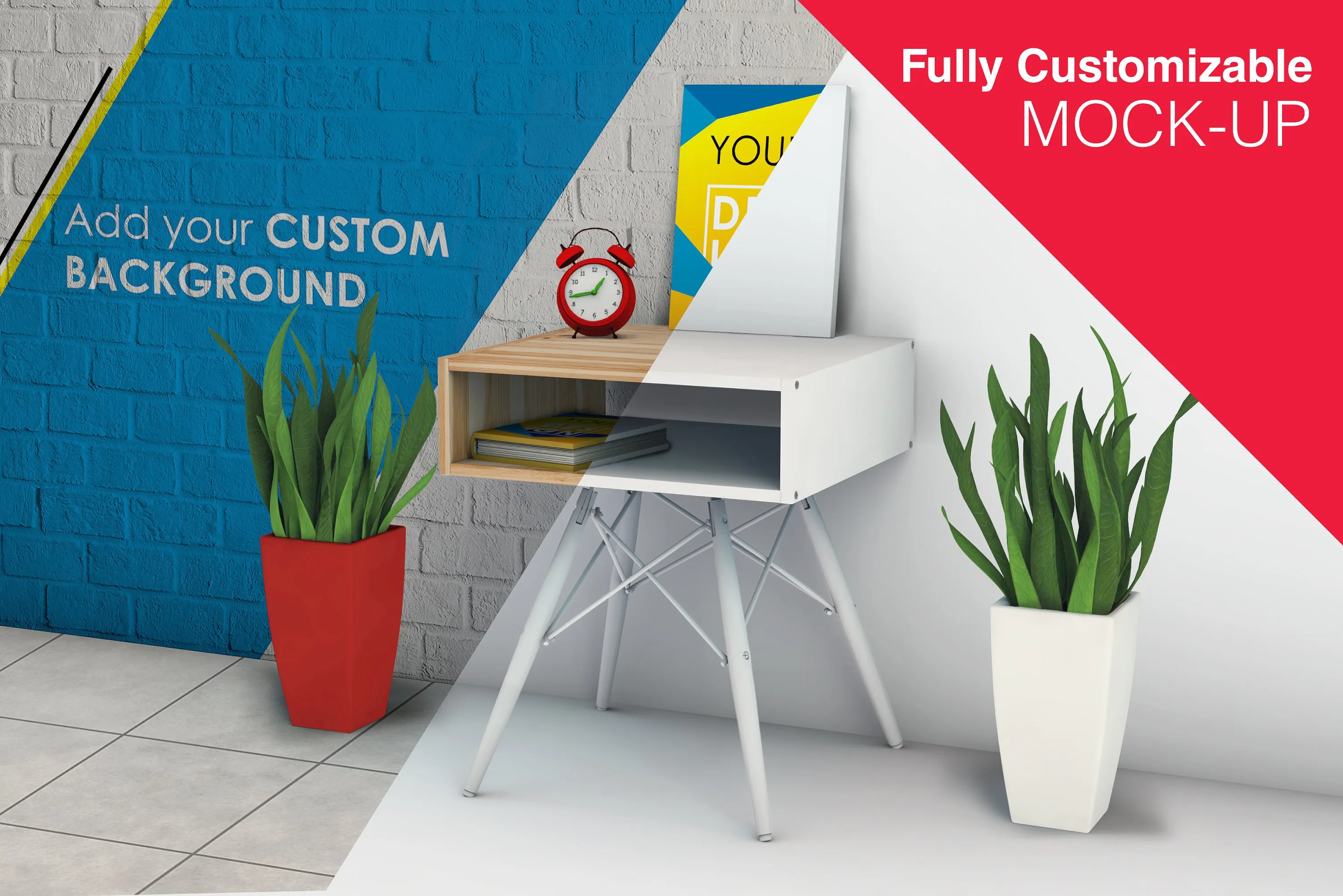 简约固定式办公桌和海报模型Mockups