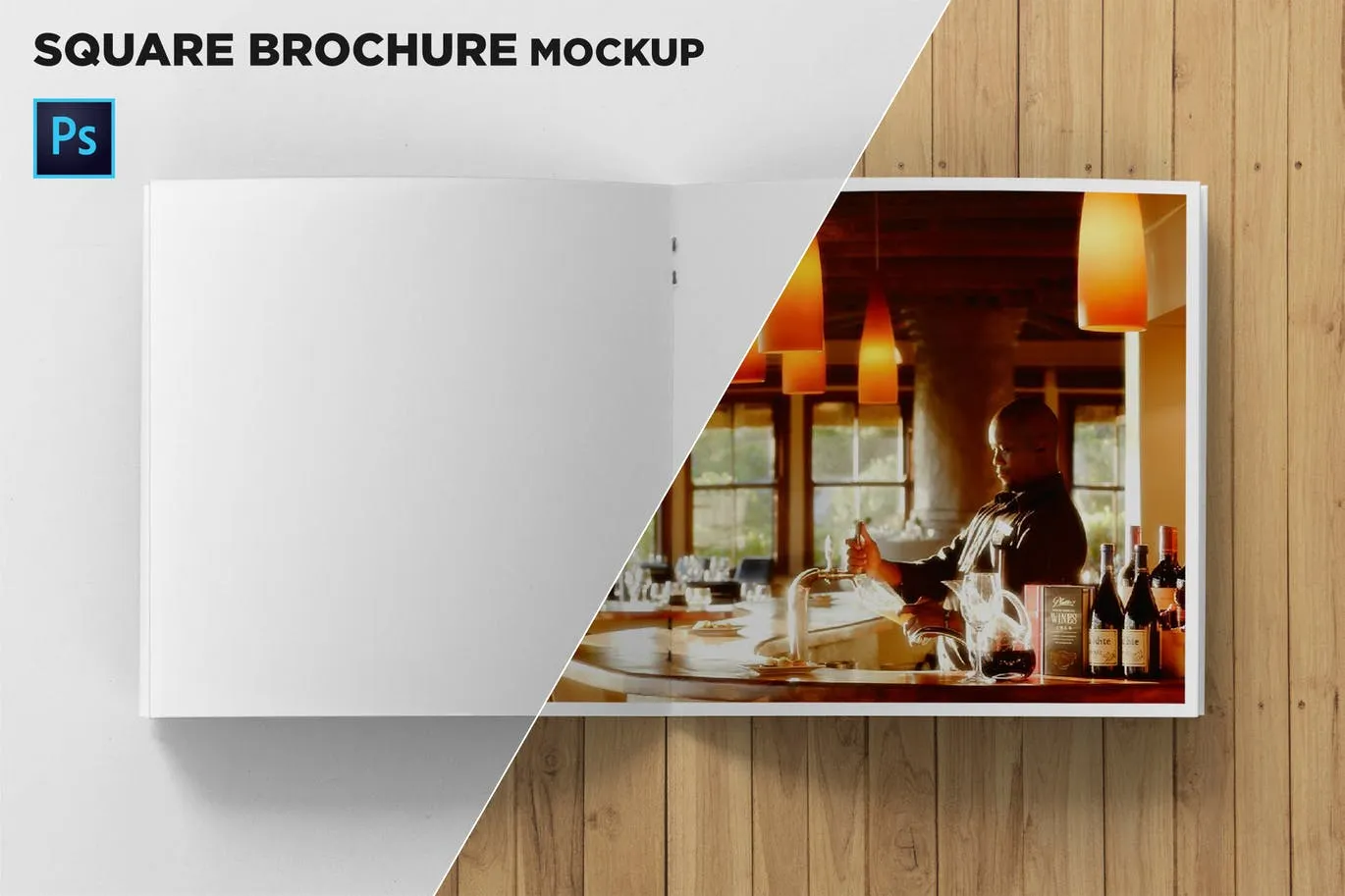 方形画册产品手册内页俯视图样机素材库精选 Square Brochure Open Pages Mockup Top View插图