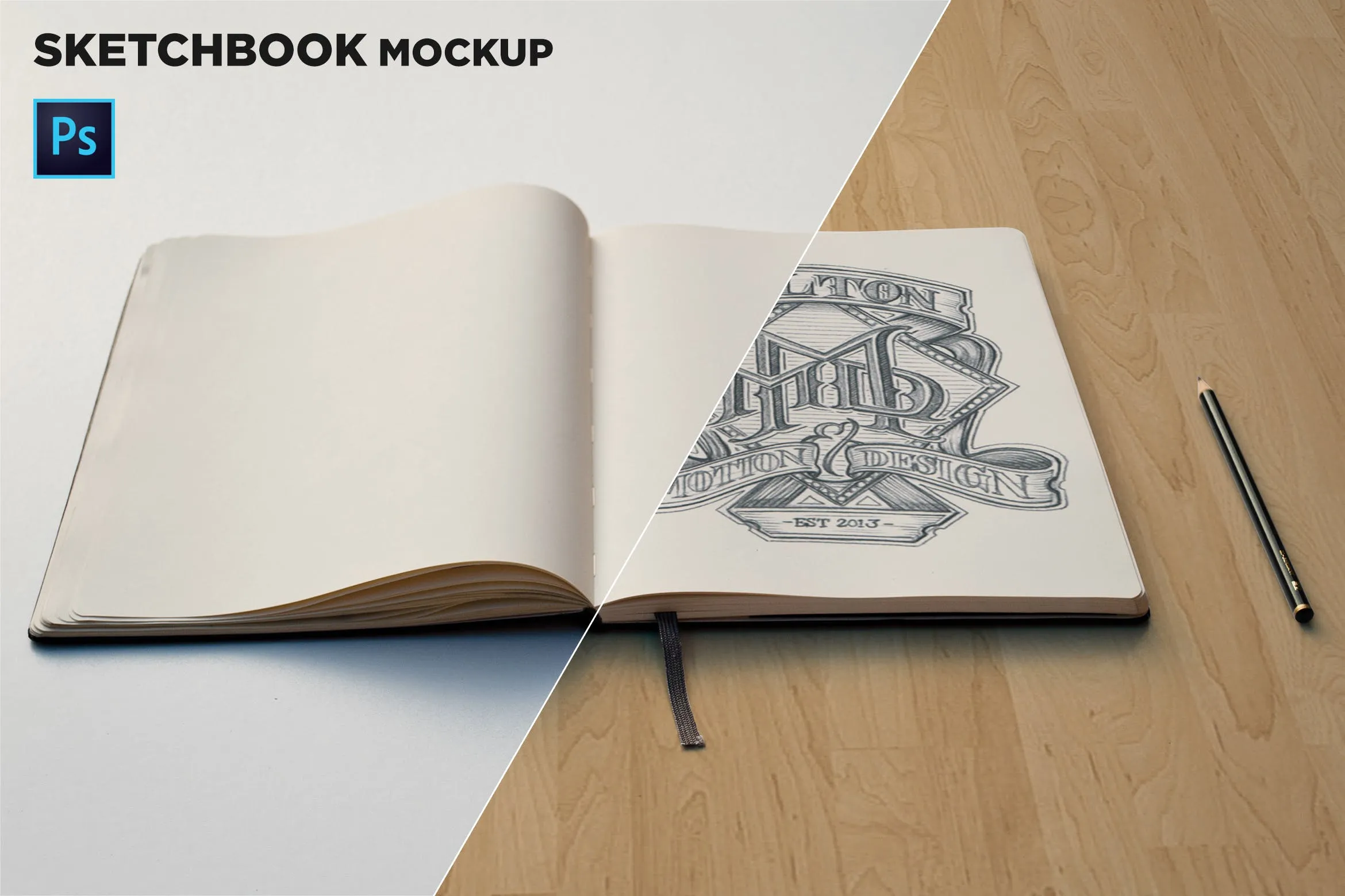 素描本内页设计/艺术作品展示前视图样机像素设计精选 Sketchbook Mockup Front View