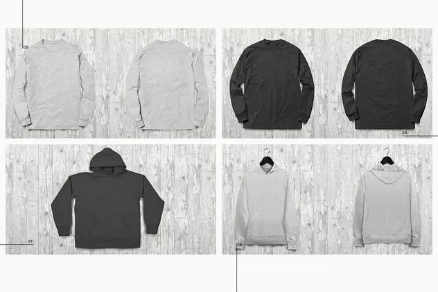 时尚黑白连帽衫T恤系列服装样机 Zip Up Hoodie Tee Collection Mockup插图(3)