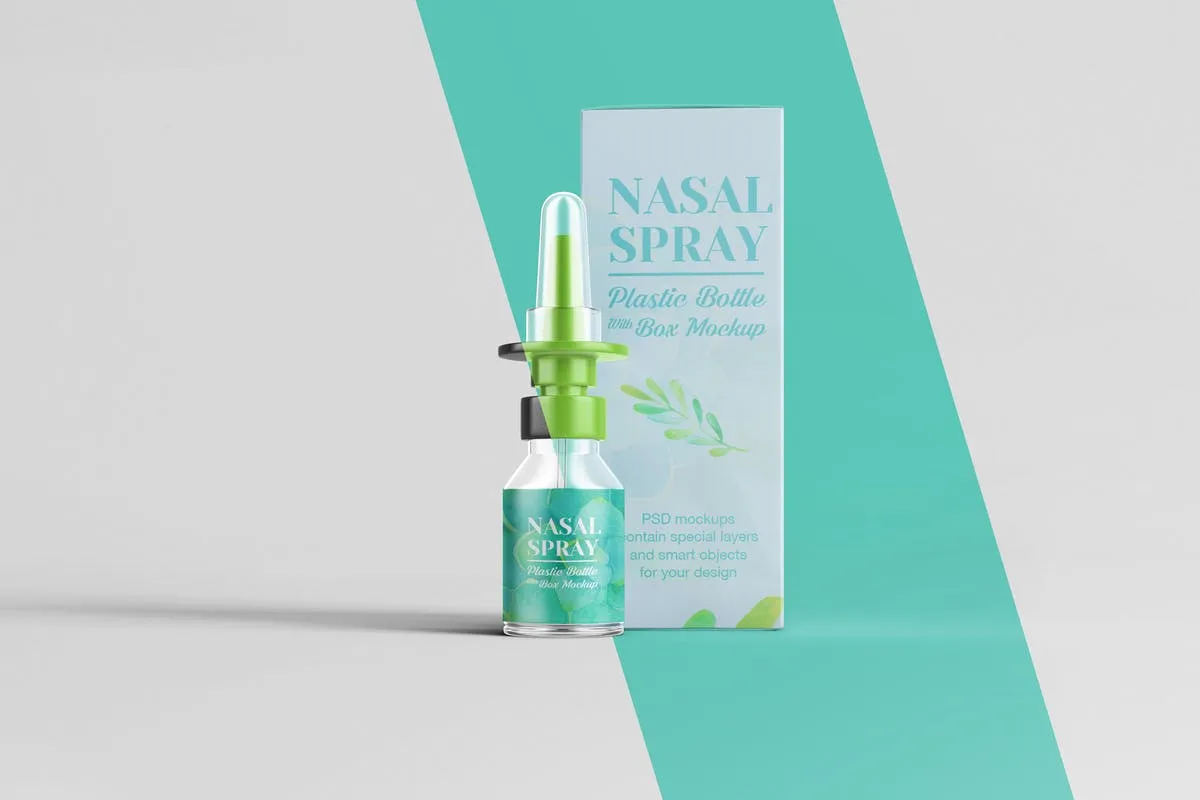 滴鼻瓶外观及包装设计样机模板 Nasal Spray Clear Bottle With Box Mockup插图