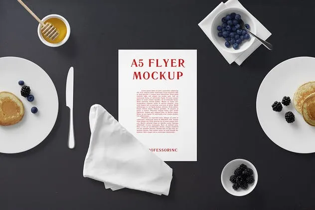 A5品牌传单印刷品样机模板 A5 Portrait Flyer Mockup – Breakfast Set插图(1)