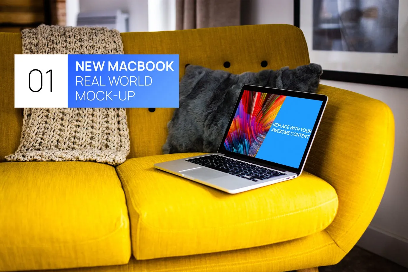 布艺沙发场景MacBook视网膜屏演示像素设计精选样机模板 MacBook Retina on Bright Sofa Real World Mock-up
