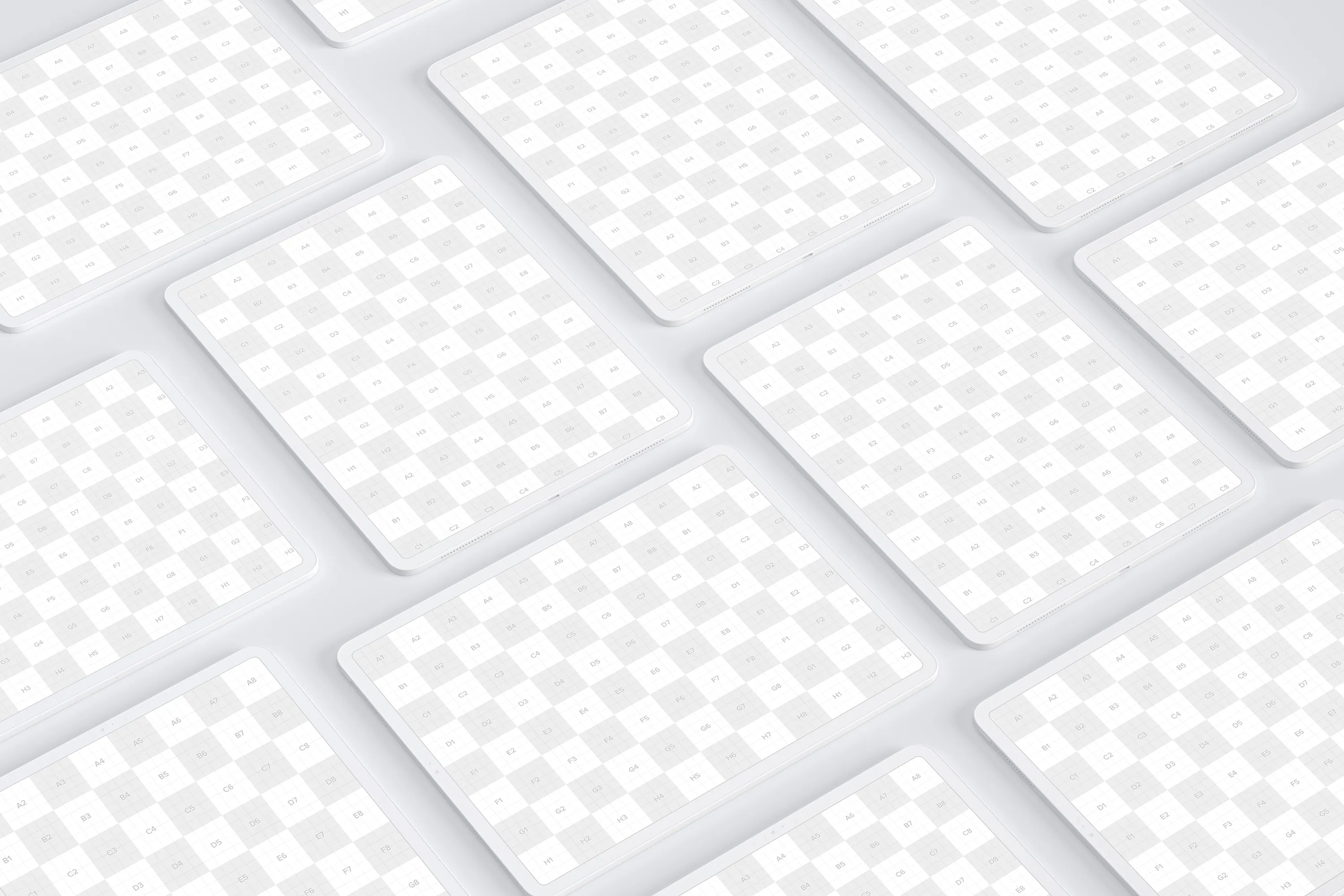 iPad Pro平板电脑屏幕界面设计预览图等距网格样机02 Clay iPad Pro 12.9” Mockup, Grid Layout 02