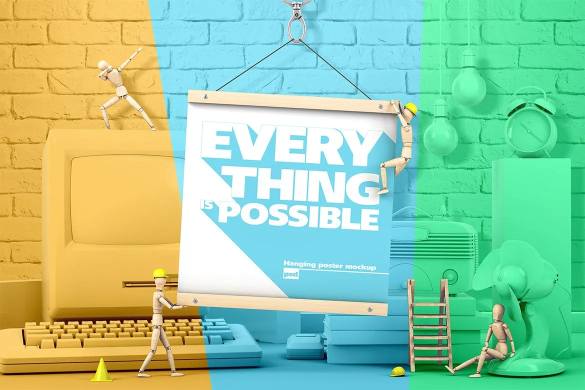 创意木偶场景海报设计效果图样机素材库精选 Square Hanging Poster With Wooden Men Mockup插图(1)