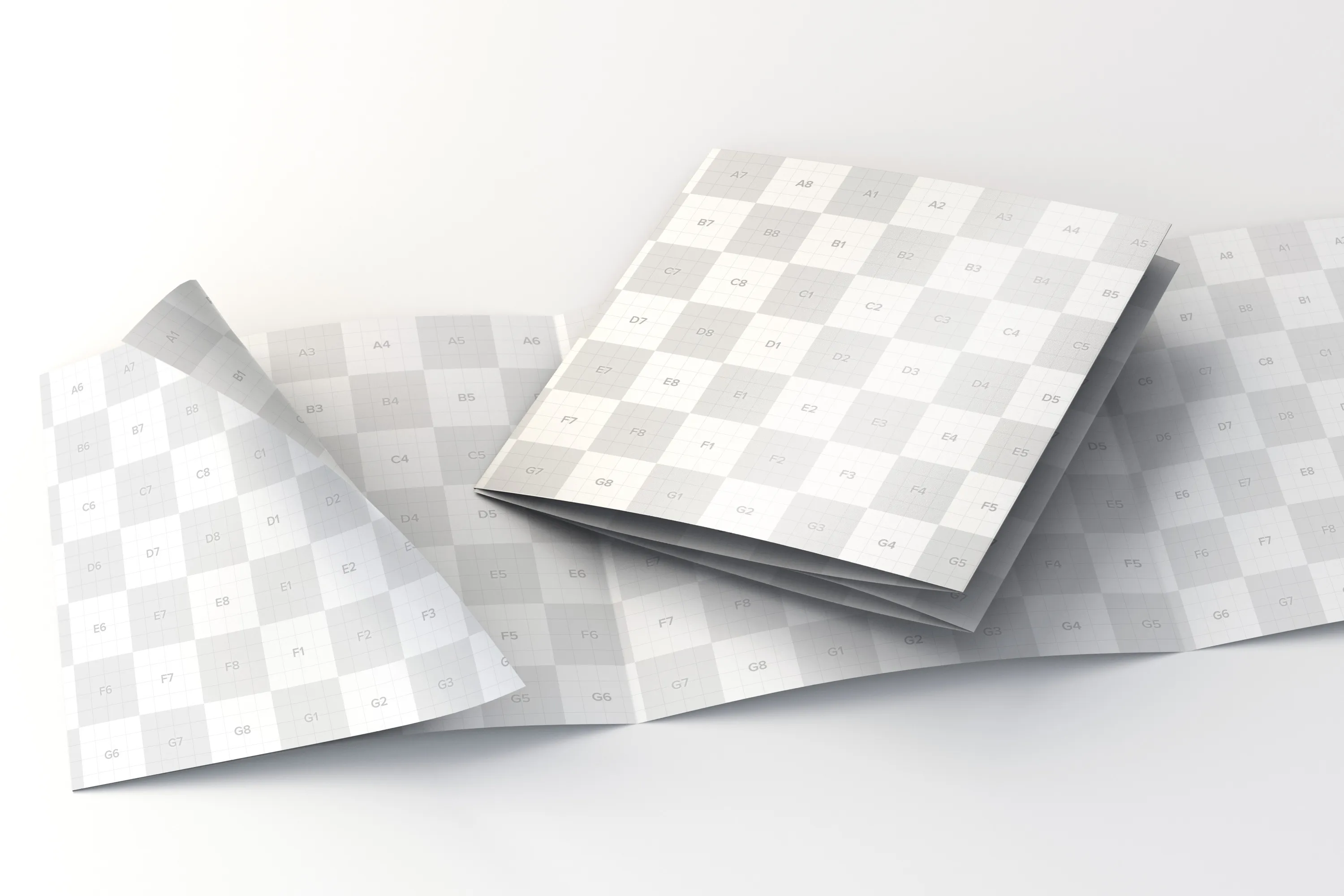 方形四折页设计小册子传单设计折叠和展开效果图样机模板 Folded and Unfolded Square 4-Fold-Brochure Mockup插图(1)