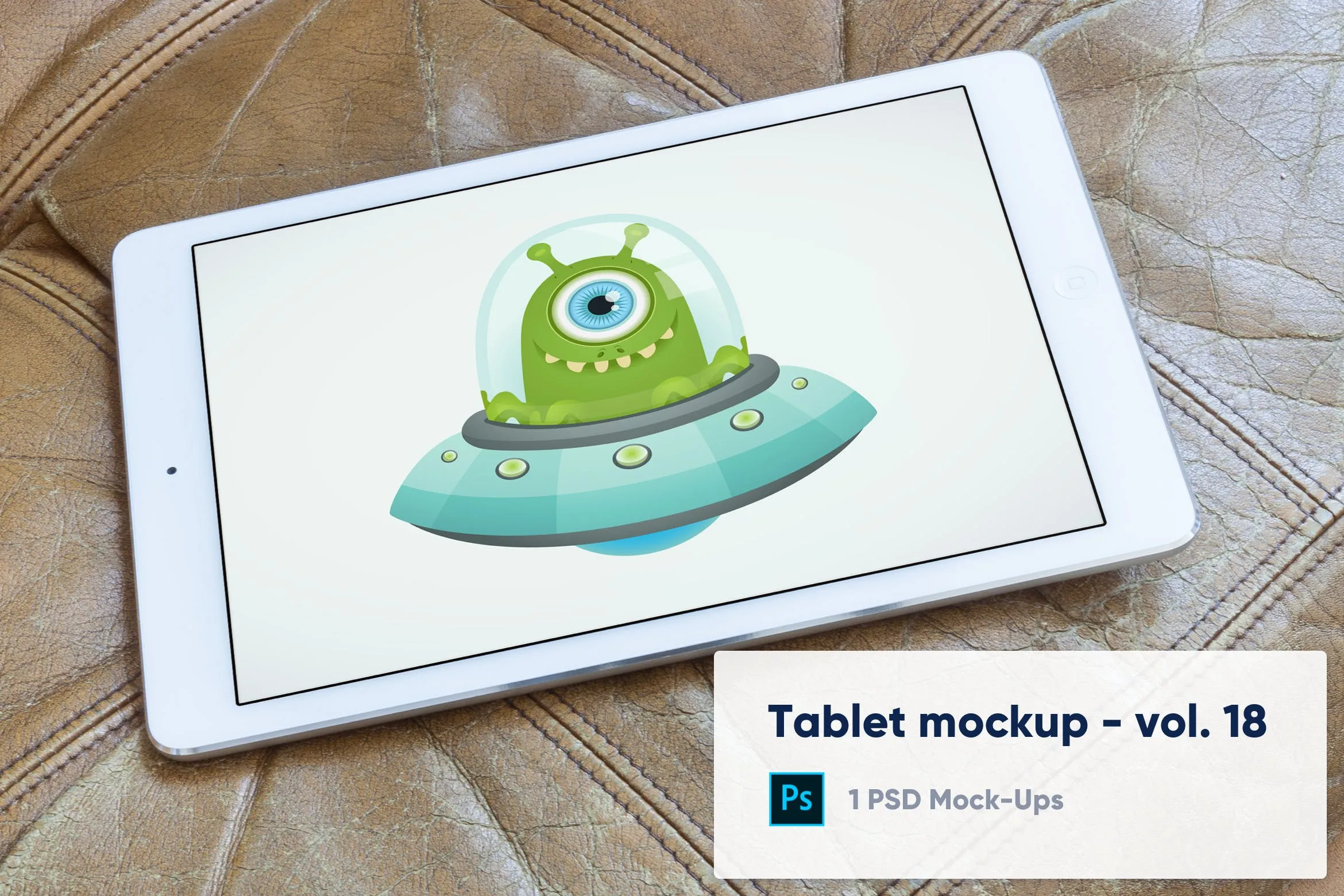 棕色皮革背景iPad平板电脑屏幕演示素材库精选样机v18 Tablet on Brown Leather Background Mockup – Vol.18插图