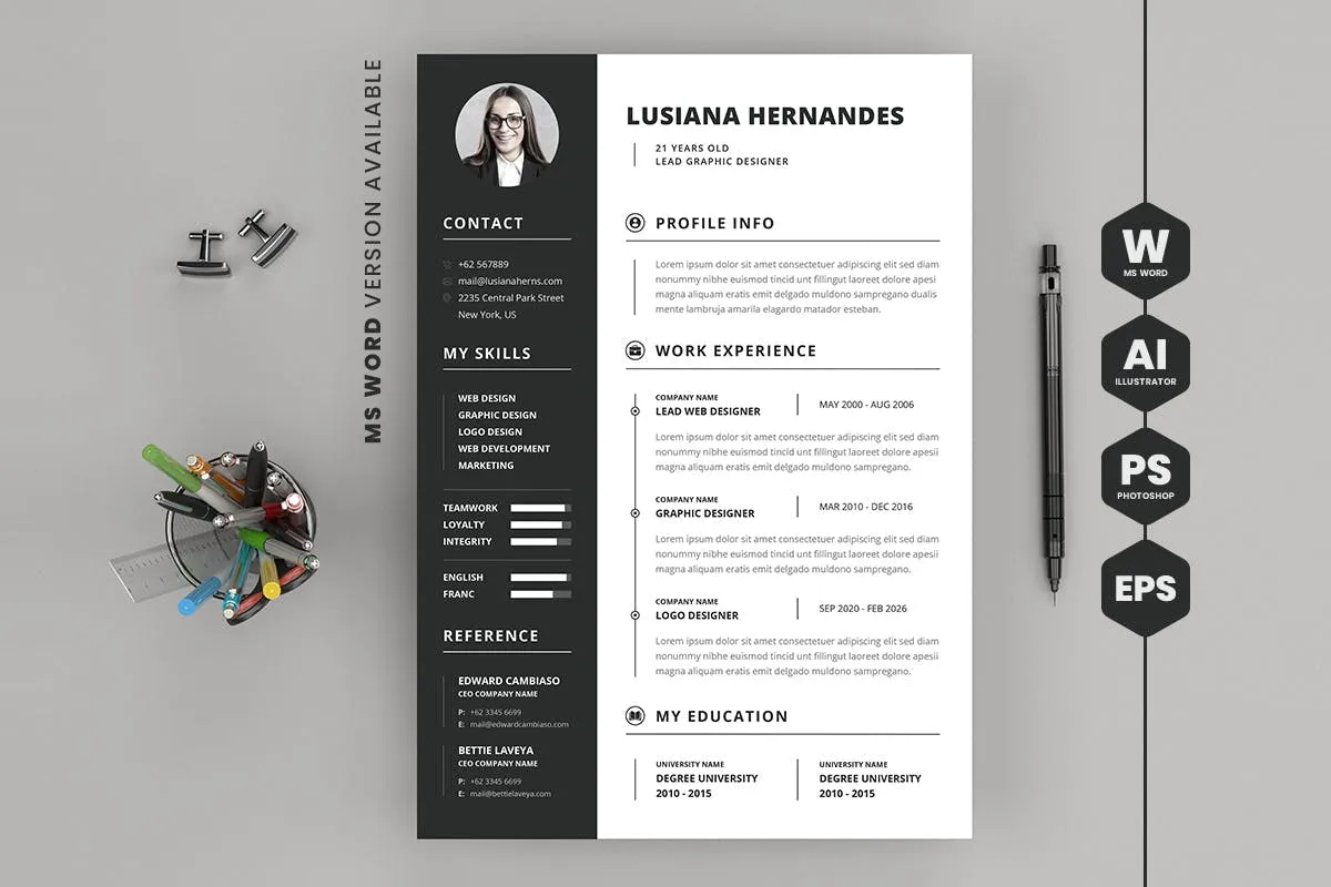 黑白配色风格毕业生应聘简历模板 CV Resume插图