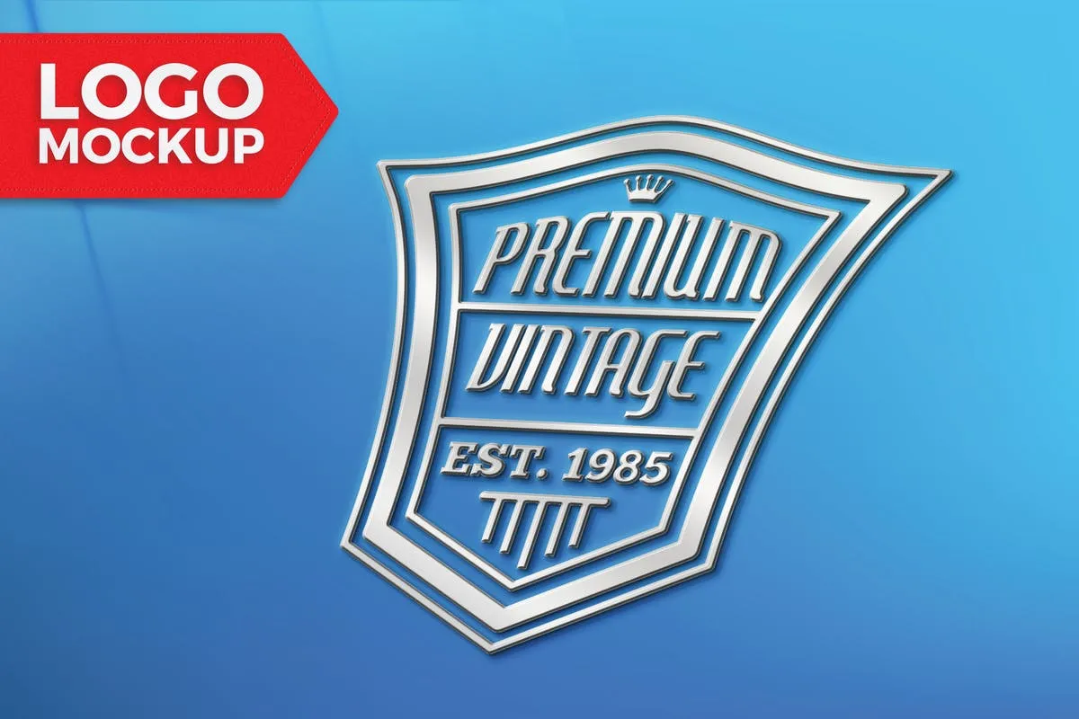 蓝色背景商标Logo设计印刷效果图像素设计精选 Blue Logo Mock-Up