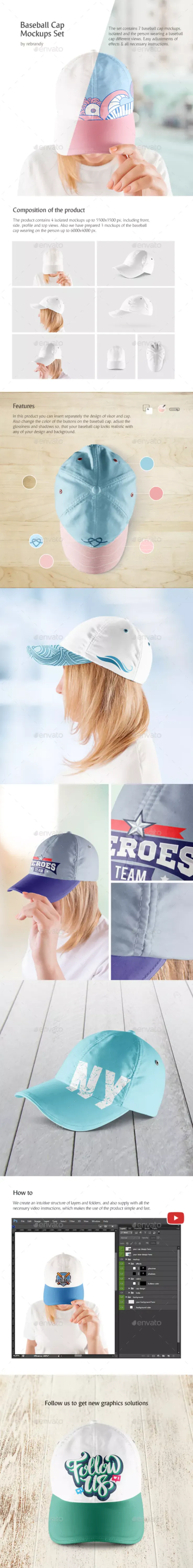 休闲时尚棒球帽样机集Baseball Cap Mockups Set插图