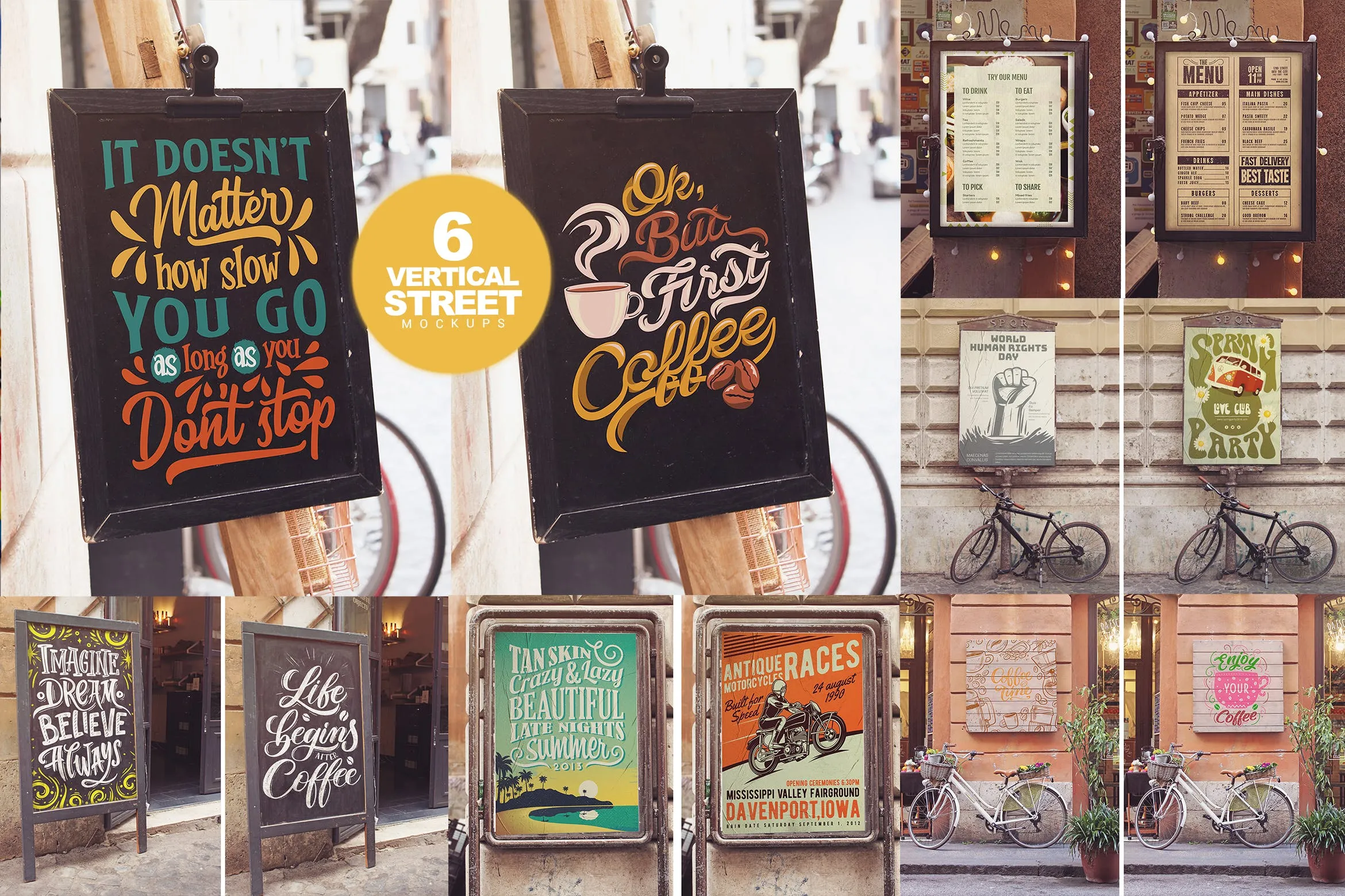 复古风格店铺小黑板招牌广告样机像素设计精选模板 Vertical Signboard Mockups x6