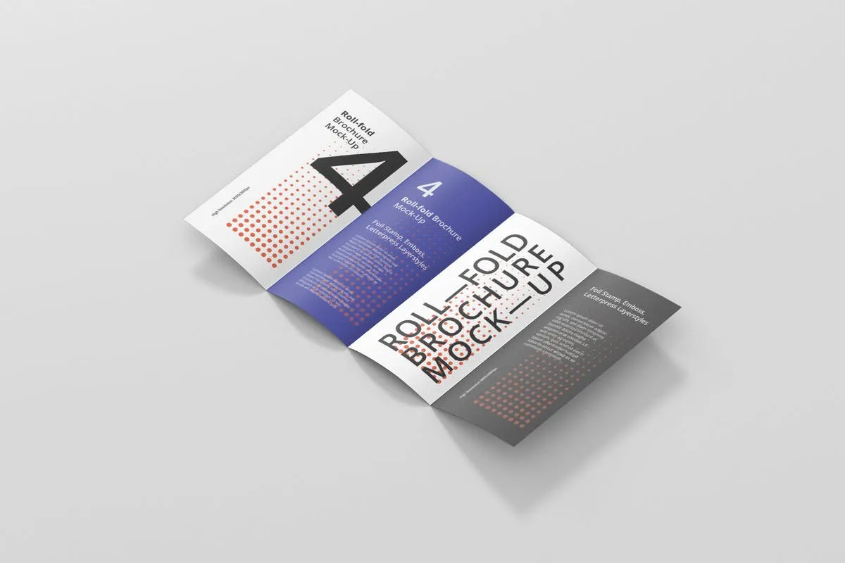 四折页迷你DL传单小册子样机模板 Roll-Fold Brochure Mockup#8211; DL DIN Lang