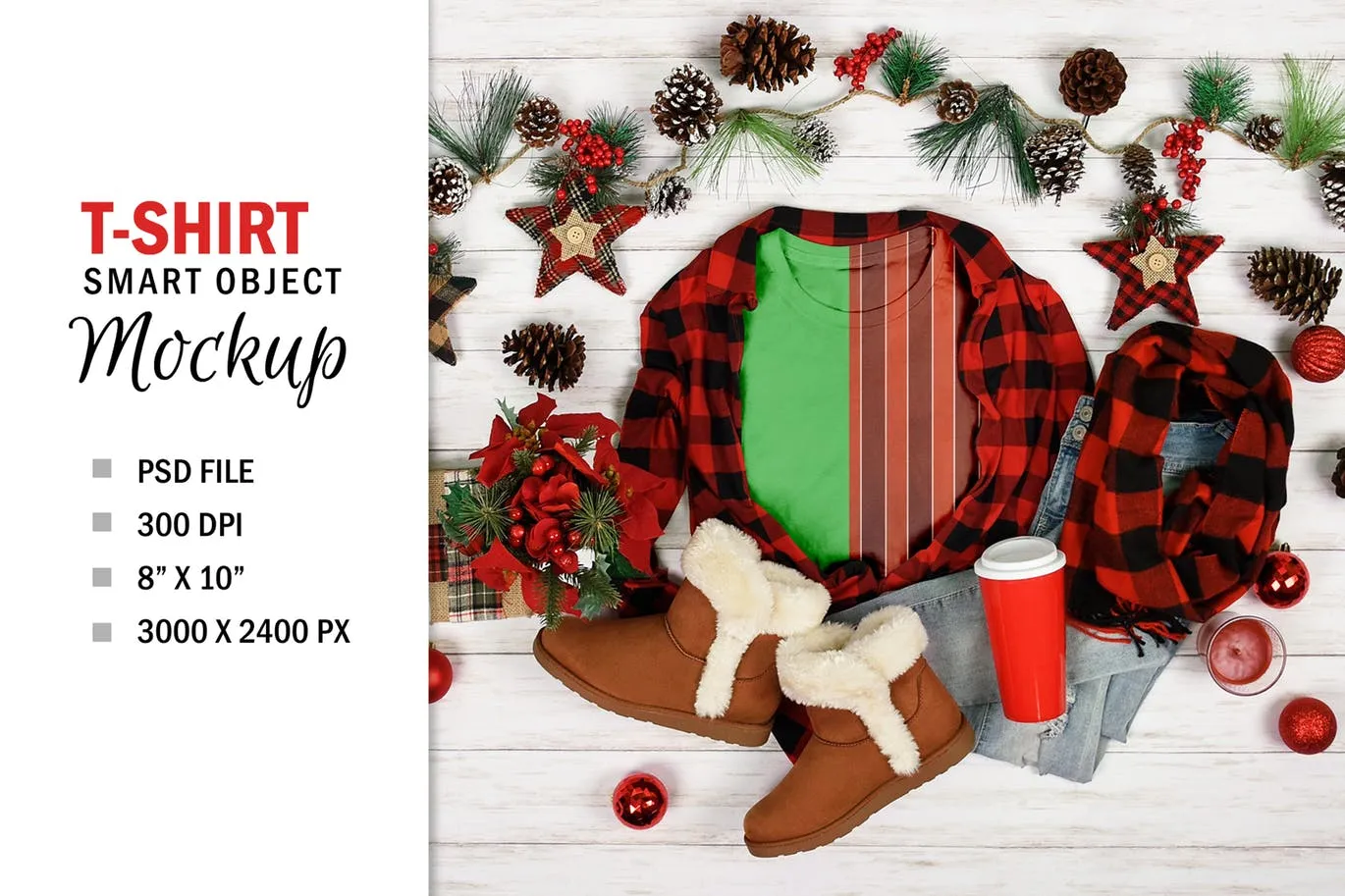 圣诞节T恤平铺展示样机模板 Christmas T-Shirt Mockup Flatlay Photoshop PSD插图