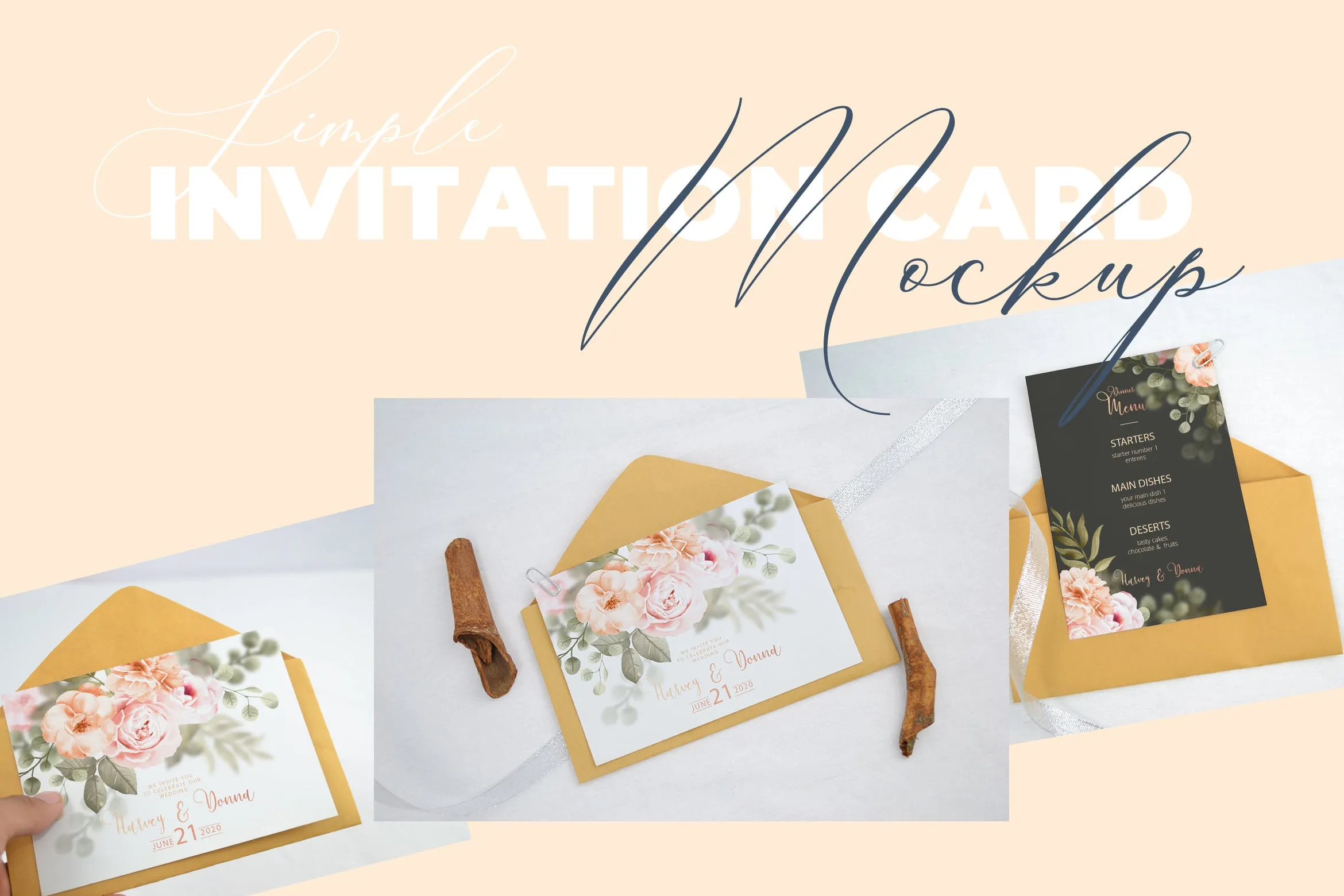 婚礼邀请函设计效果图样机像素设计精选模板v2 Realistic Wedding Invitation Card Mockup V2