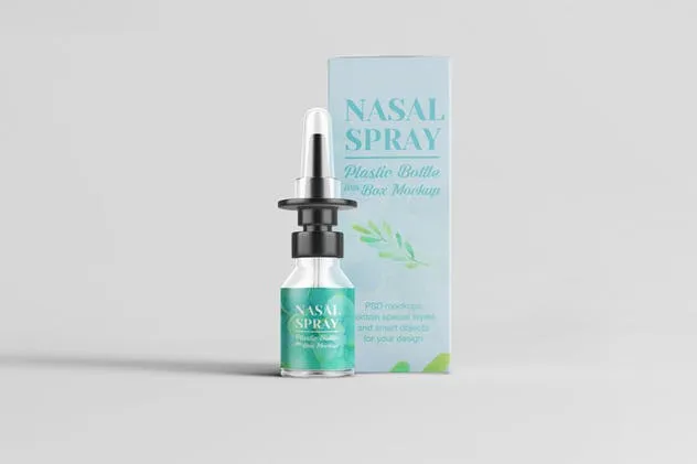 滴鼻瓶外观及包装设计样机模板 Nasal Spray Clear Bottle With Box Mockup插图(2)