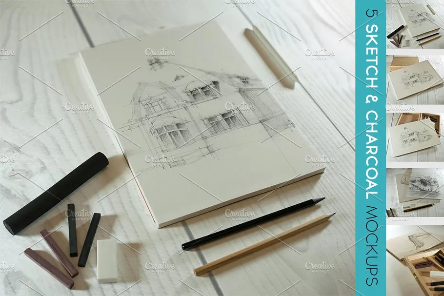 炭画amp;素描艺术作品展示样机模板 Charcoalamp; Sketch Mockup