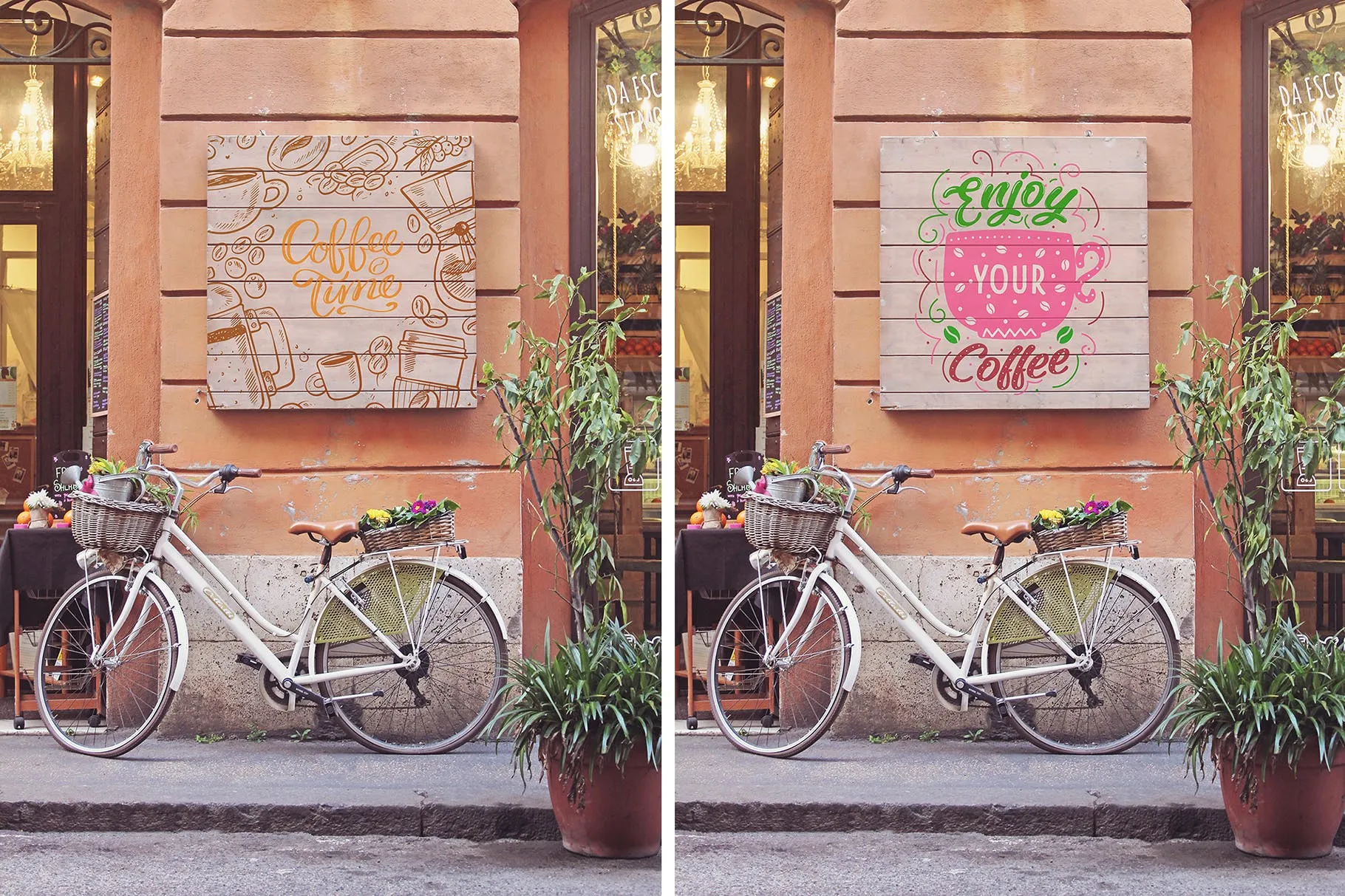 实木手工绘制告示牌设计效果图样机 Bike Duo Signboard Mockup插图(3)