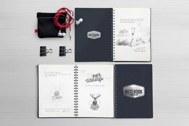 高端品牌精装活页记事本样机 5 Notebook Mockups With Movable Elements插图(1)