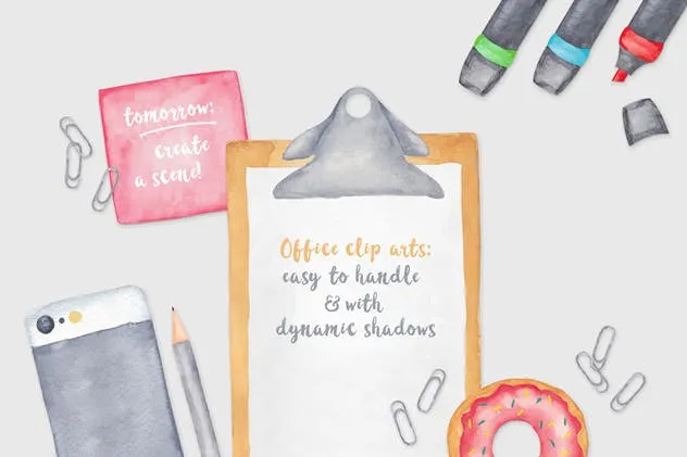 手绘水彩办公用具剪贴画&场景模板 Watercolor Scene Creator插图(1)