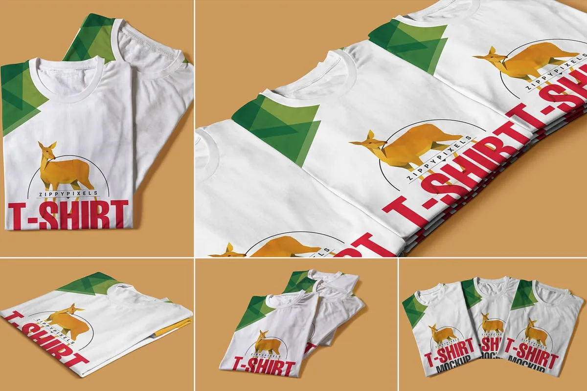 折叠圆领印花T恤服装样机 Folded Round-Neck T-Shirts Mockups