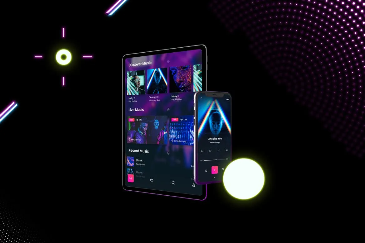 霓虹灯背景iPhone XS & iPad Pro样机模板 Neon iPhone XS & iPad Pro插图(2)