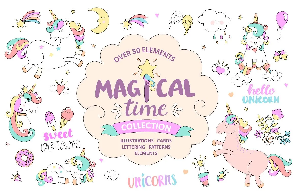 可爱的手绘风格卡通插画 Magical time. Unicorns.插图