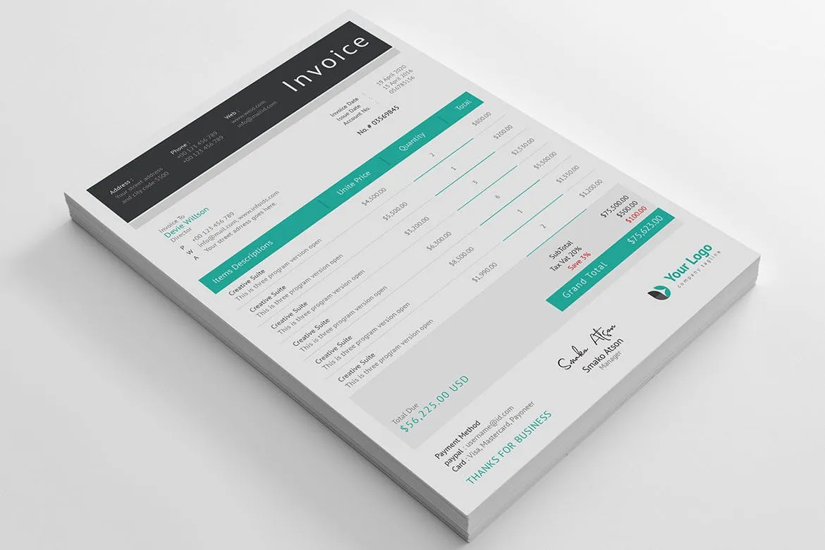 企业发票票据报价单设计模板v03 Invoice Template 03插图(1)