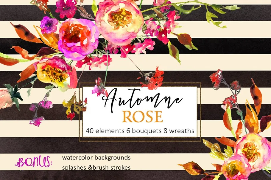 粉色红色花卉水彩剪贴画 Pink Watercolor Florals Clipart