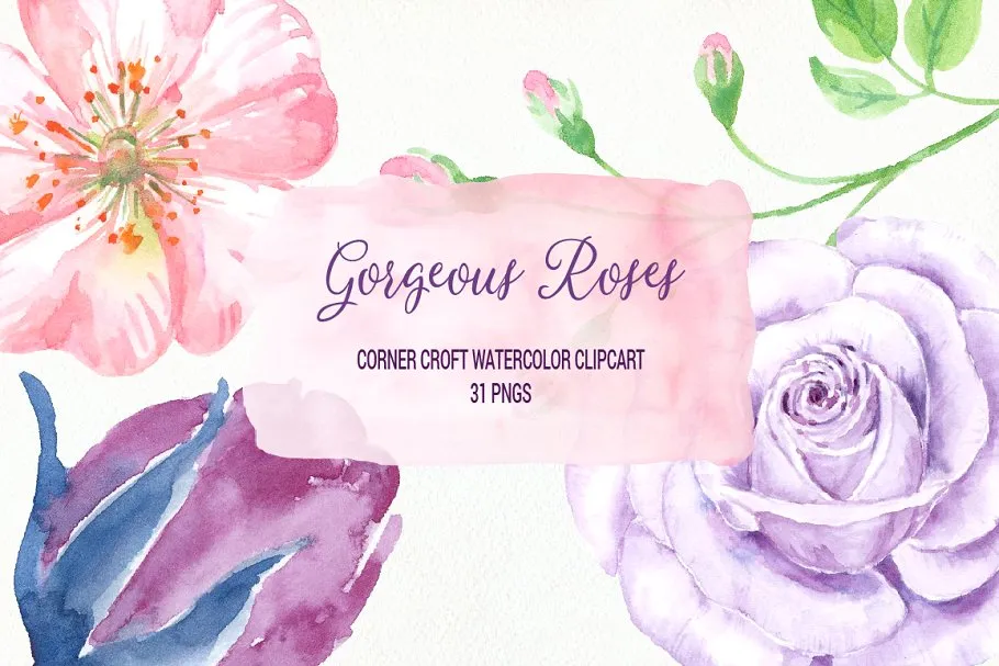 31个独立华丽水彩玫瑰剪贴画 Watercolor Gorgeous Roses插图(3)