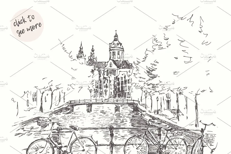 欧洲街景素描剪影 Streets of Europe with canals插图(1)