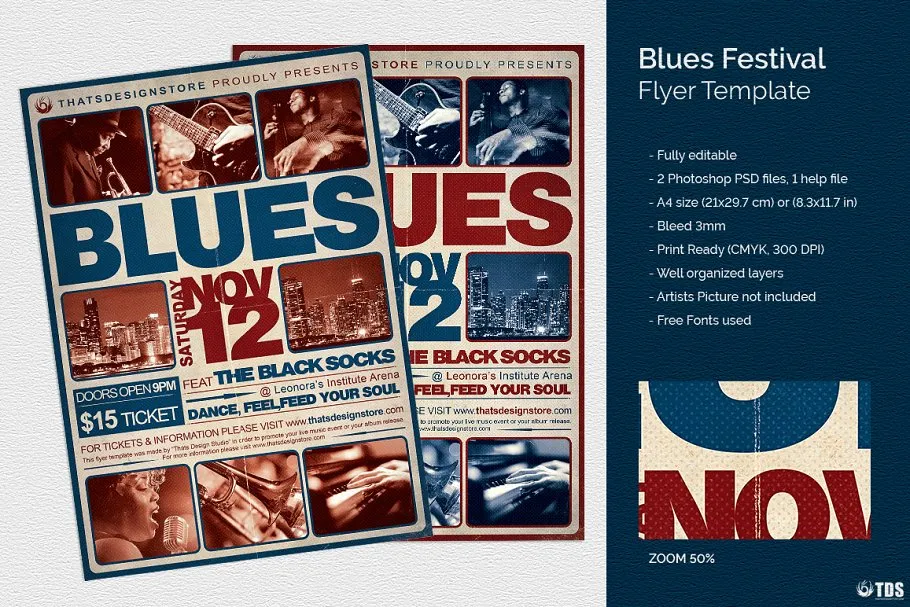 布鲁斯蓝调音乐节传单PSD模板 V2 Blues Festival Flyer PSD V2