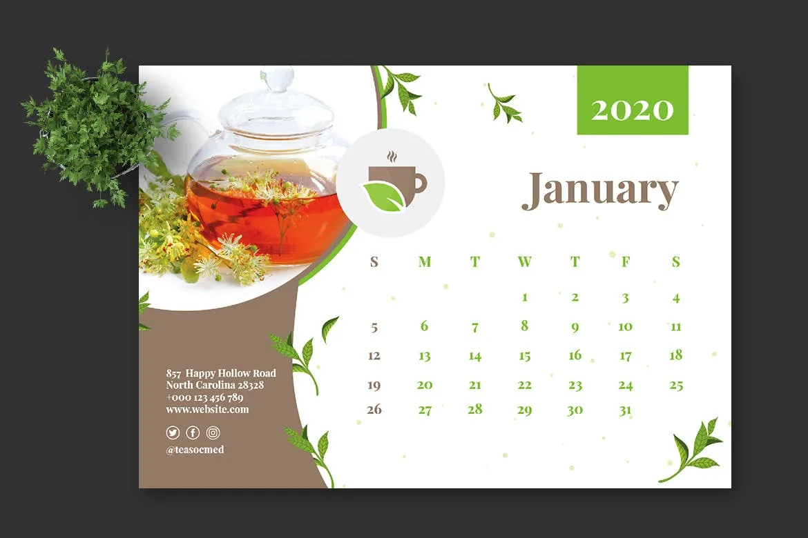 茶文化茶叶品牌定制2020年活页台历表设计模板 2020 Tea Herbal Green Calendar Pro插图(1)
