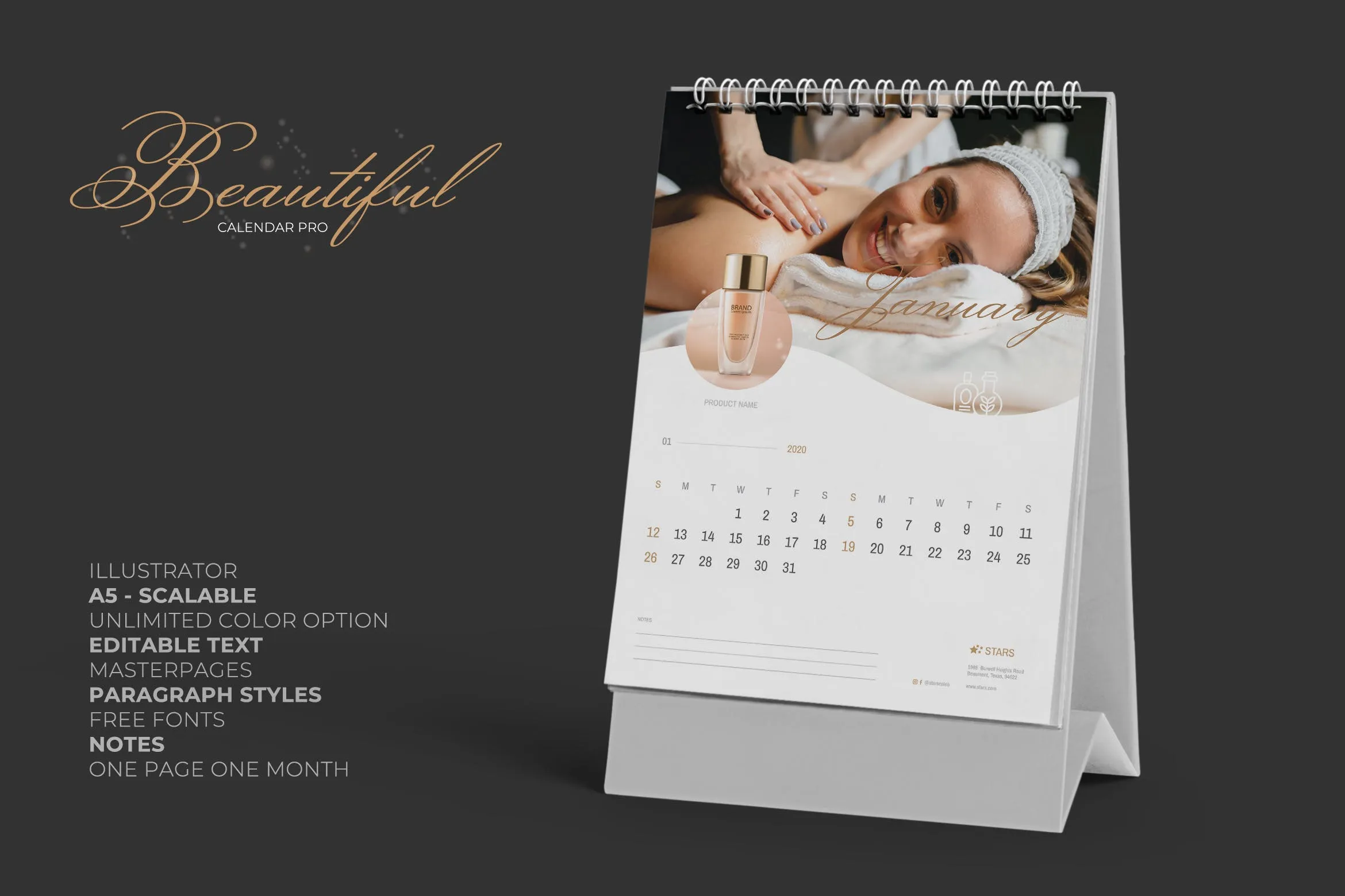 2020年美容行业定制竖版活页台历设计模板 2020 Clean Creative Beauty Calender Pro插图