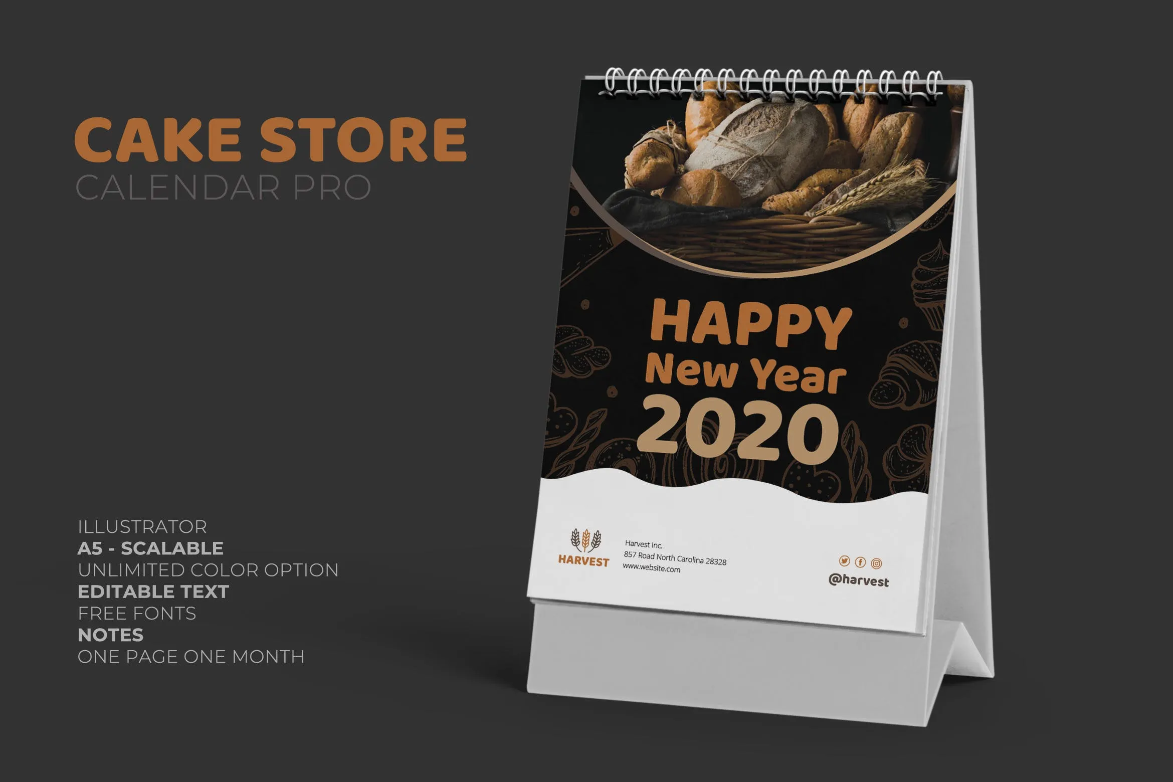 蛋糕品牌日历定制设计2020活页台历设计模板 2020 Cake Store Calendar Pro插图